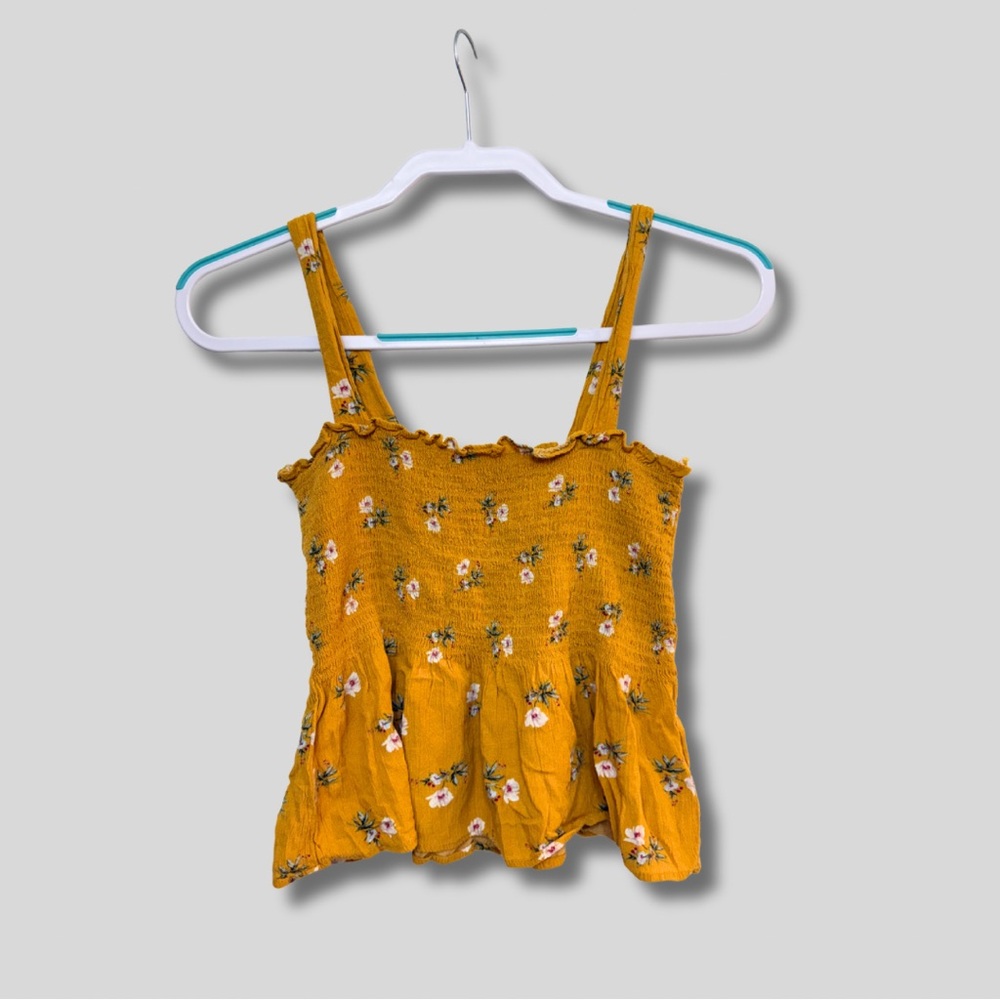 American Eagle Floral Mustard Yellow Smocked Tank Top